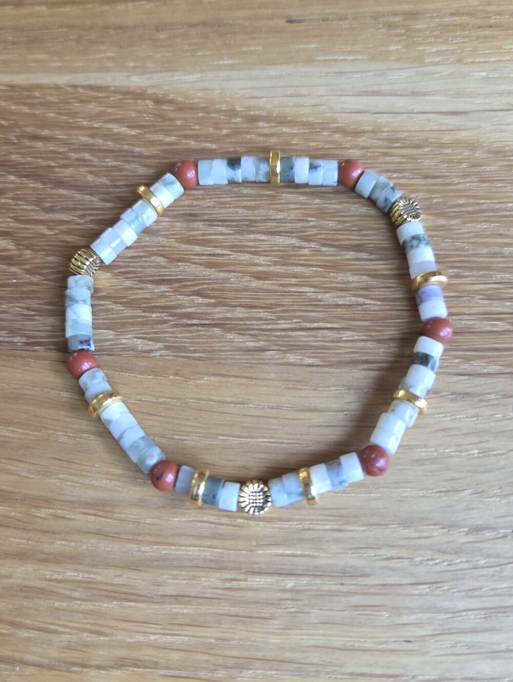 Green Jade Heishi & Red Jasper Beaded Stretch Bracelet | Handmade